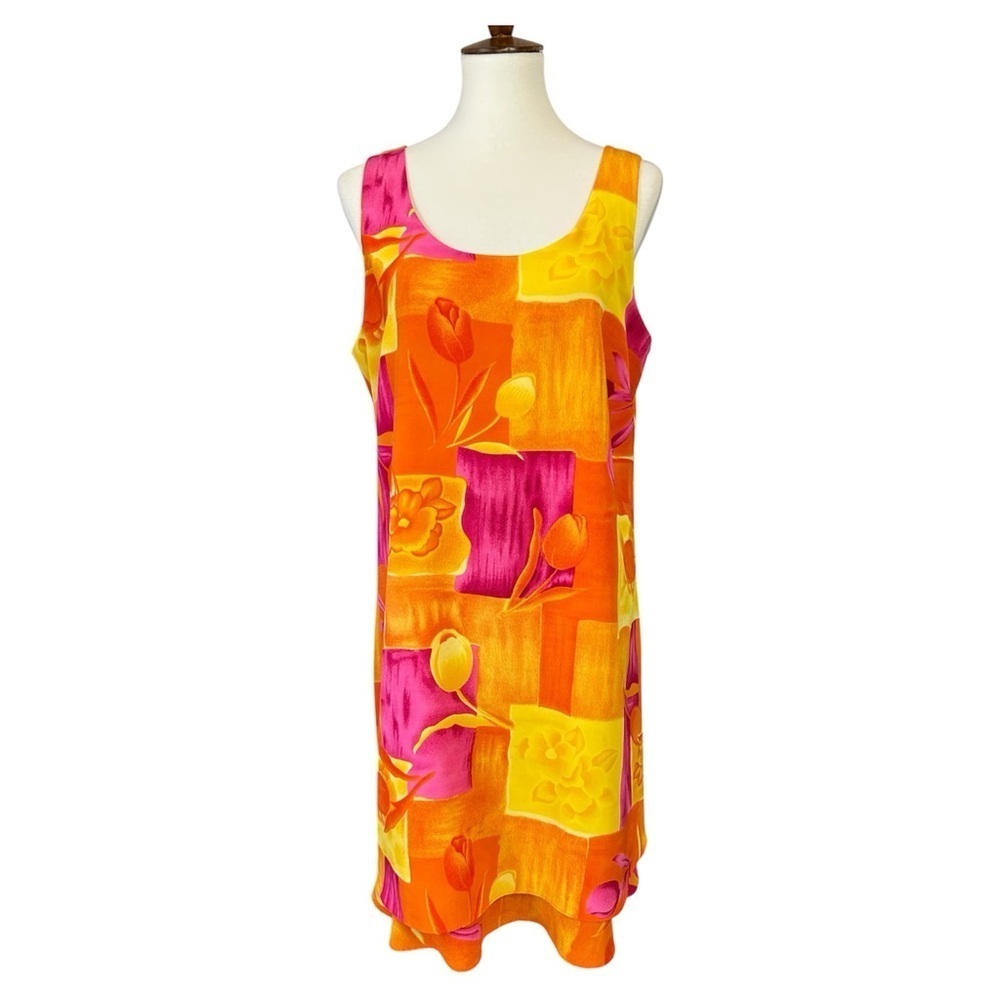 VTG Kathie Lee Collection Womens 14 Orange Floral Dress Resort Wear Artsy Y2K